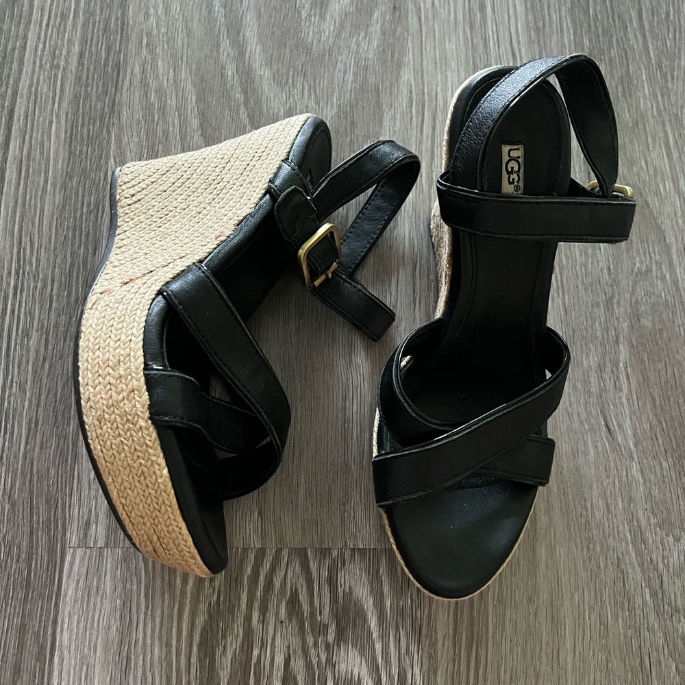 UGG Jackilyn Black Leather Slingback Wedges Woven Sandals Shoes
